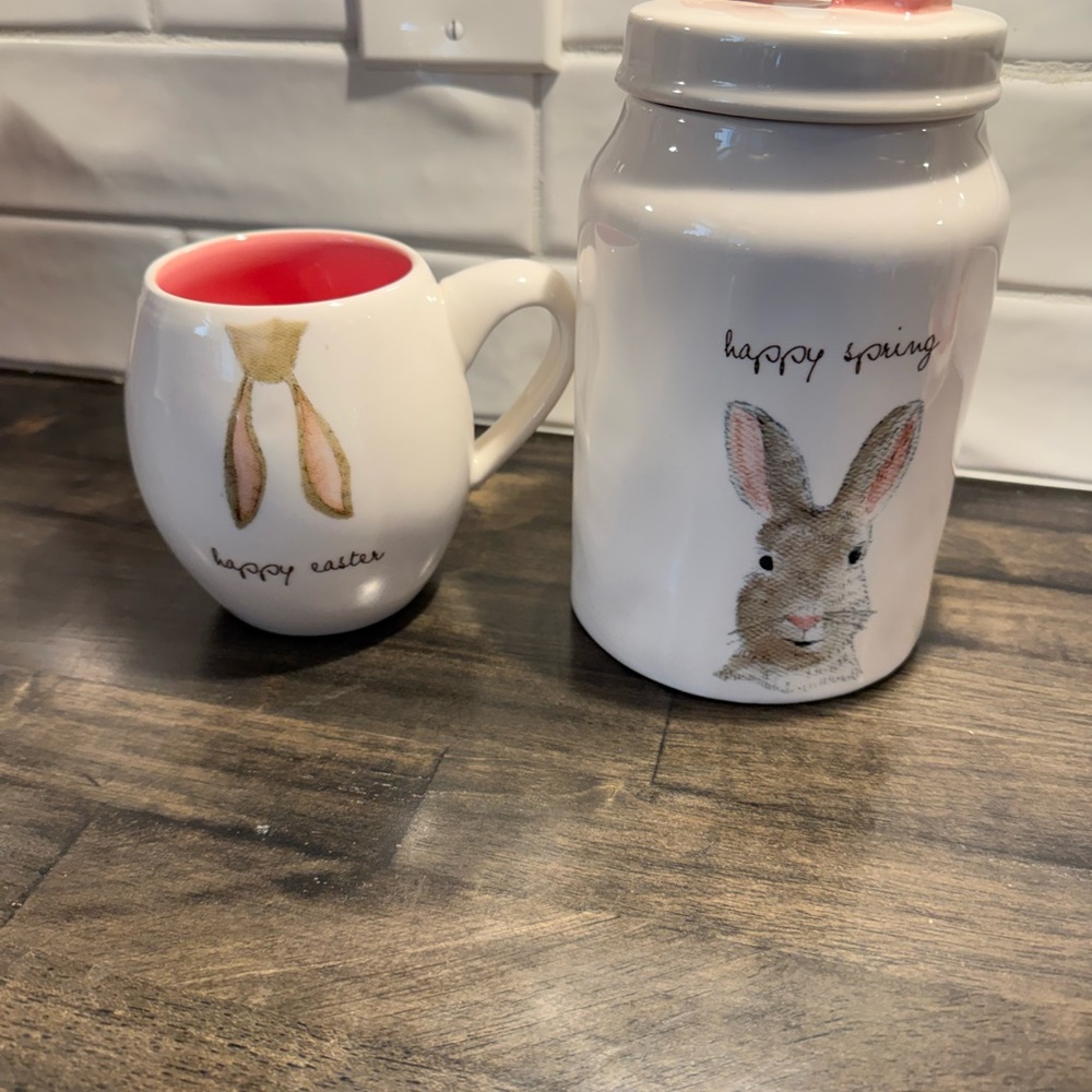 Rae Dunn Happy Easter Bunny Mug and Jar - White and Pink